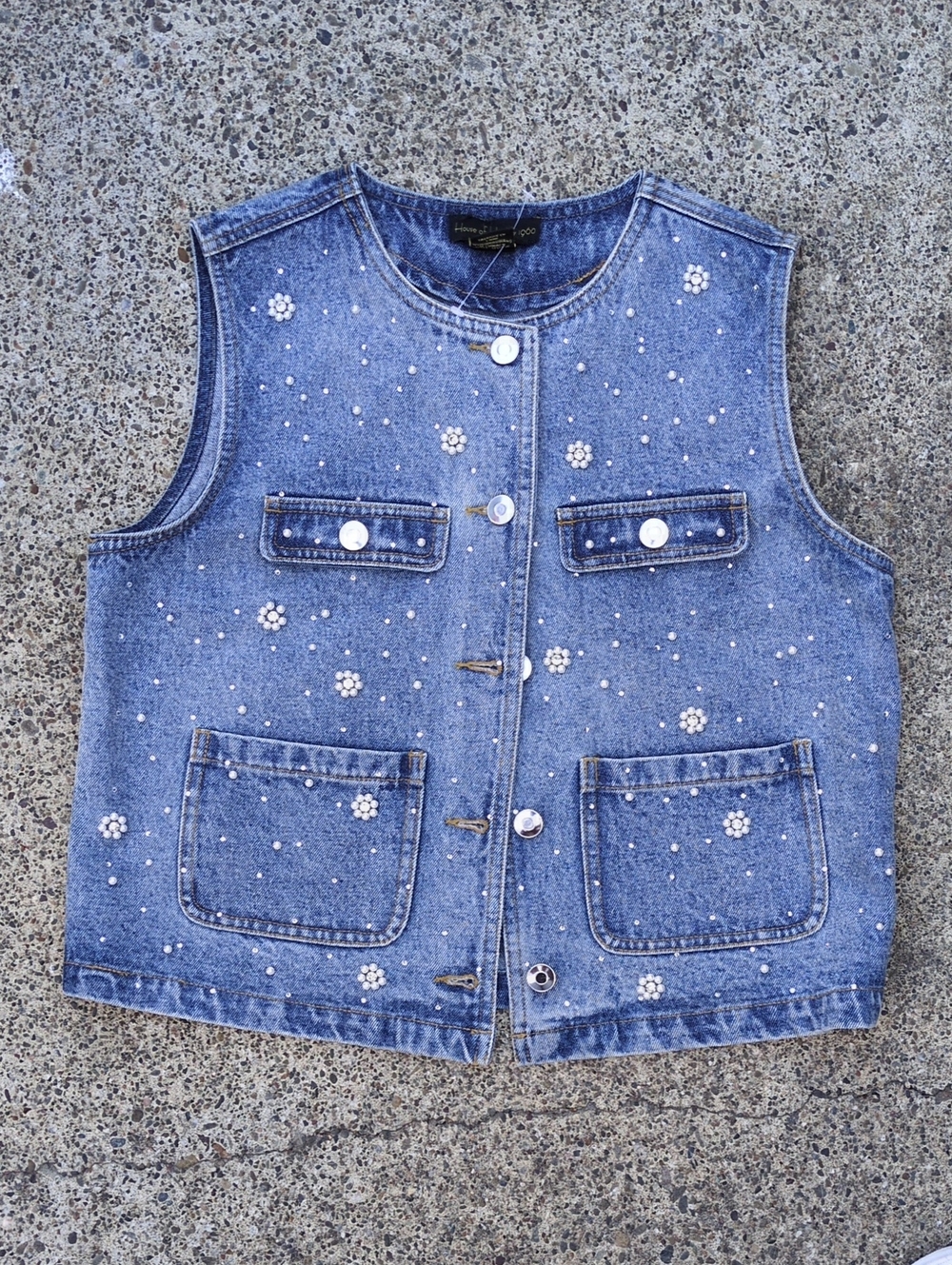 House of Harlow Denim Pearl Studded Vest Small